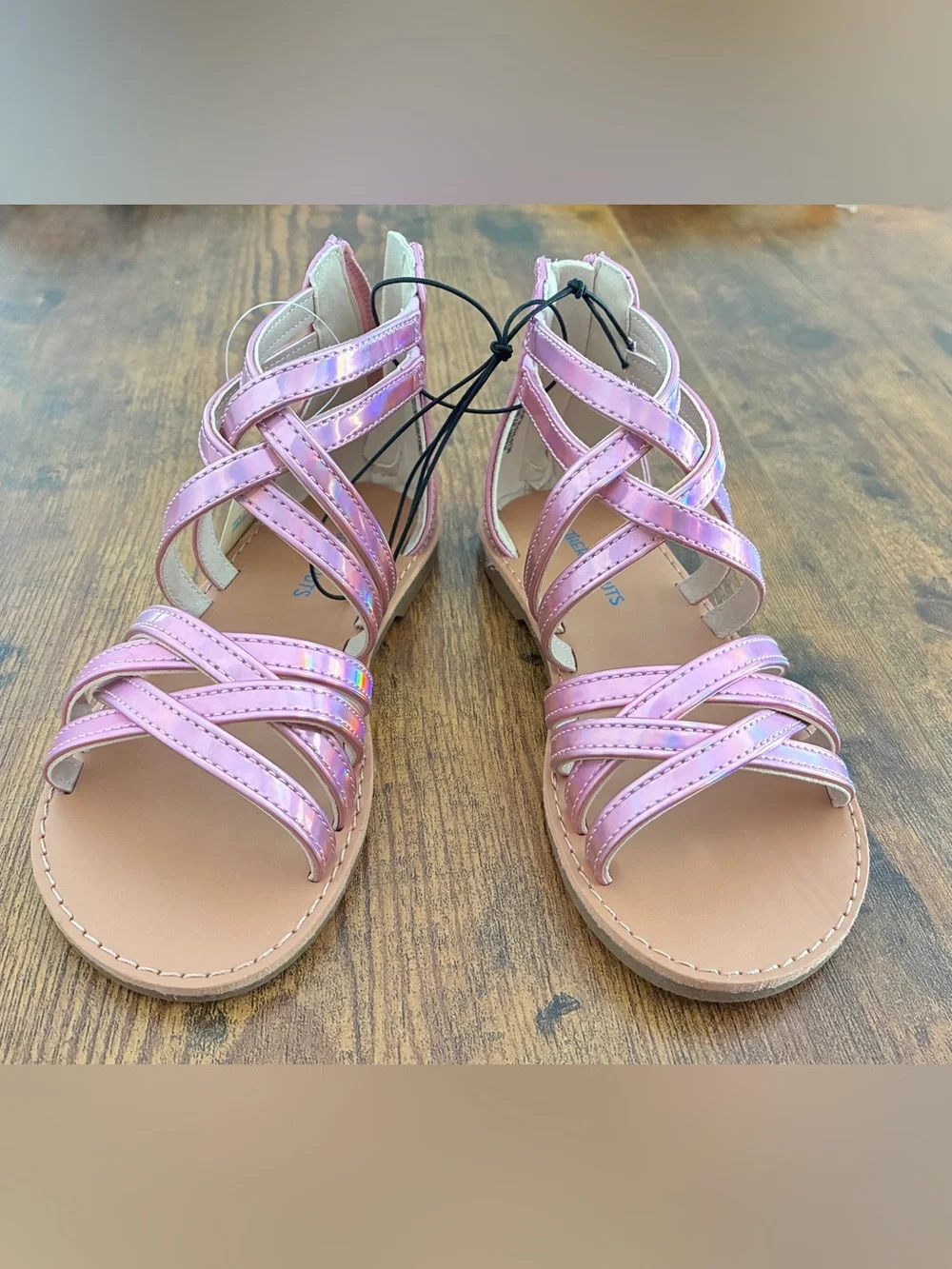 Girls' Pink Iridescent Strappy Sandals - Adjustable Ankle Strap